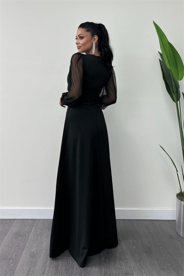 Payet Kumaş Kolları Tül Abiye Elbise - SİYAH