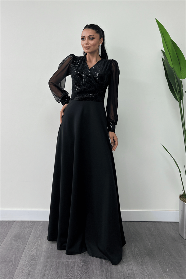 Payet Kumaş Kolları Tül Abiye Elbise - SİYAH