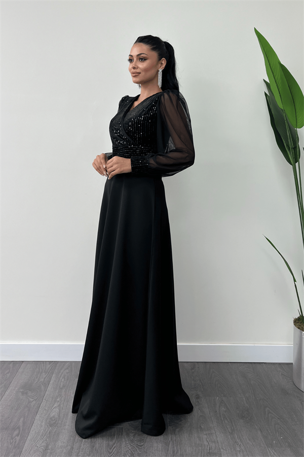 Payet Kumaş Kolları Tül Abiye Elbise - SİYAH