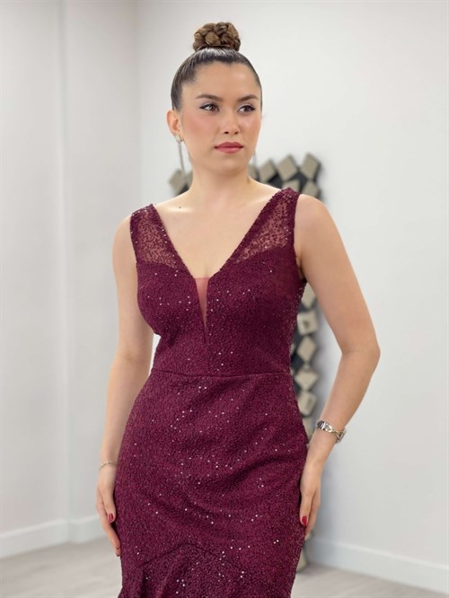 فستان مكشكش محبوك - بورجوندي