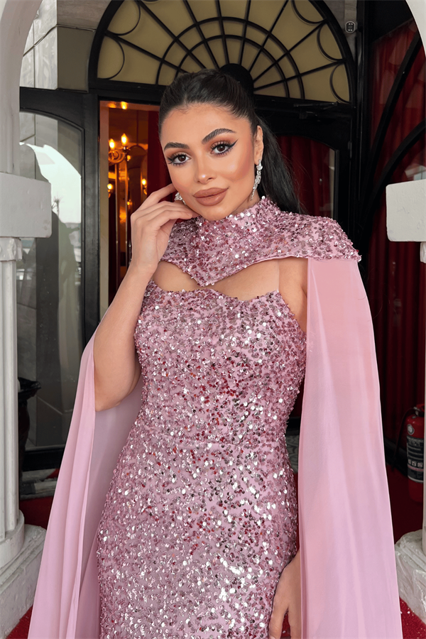 Payet Kumaş Pelerin Detaylı Abiye Elbise - PUDRA