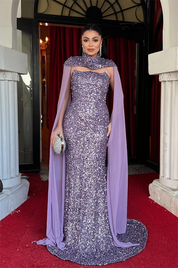 Payet Kumaş Pelerin Detaylı Abiye Elbise - LİLA