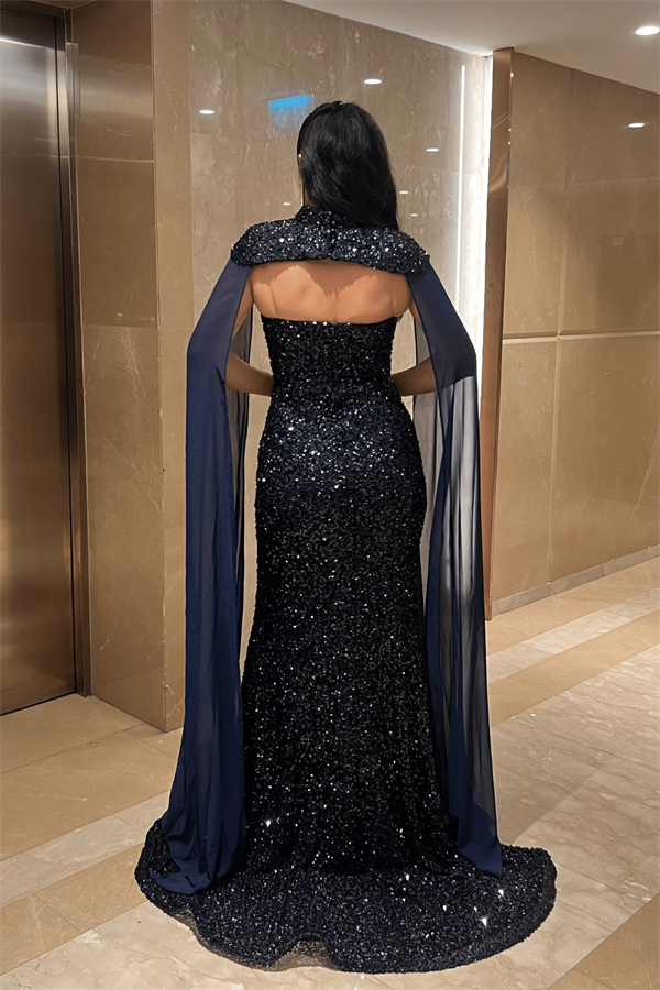 Payet Kumaş Pelerin Detaylı Abiye Elbise - LACİVERT