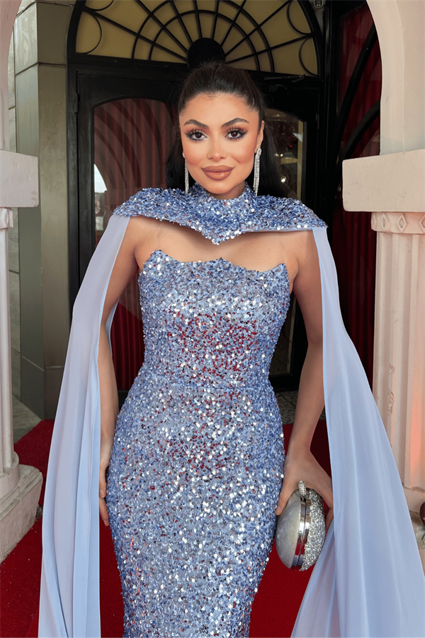 Payet Kumaş Pelerin Detaylı Abiye Elbise - İNDİGO MAVİ