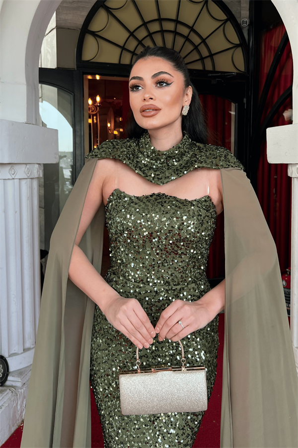 Payet Kumaş Pelerin Detaylı Abiye Elbise - HAKİ YEŞİLİ