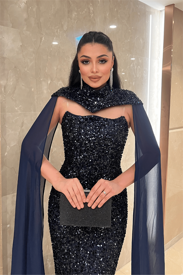 Payet Kumaş Pelerin Detaylı Abiye Elbise - LACİVERT