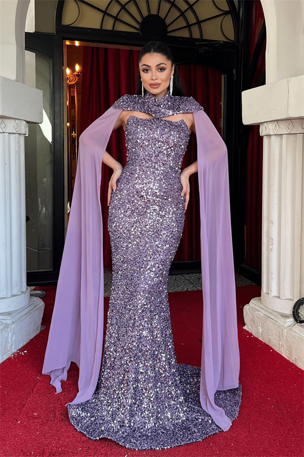 Payet Kumaş Pelerin Detaylı Abiye Elbise - LİLA