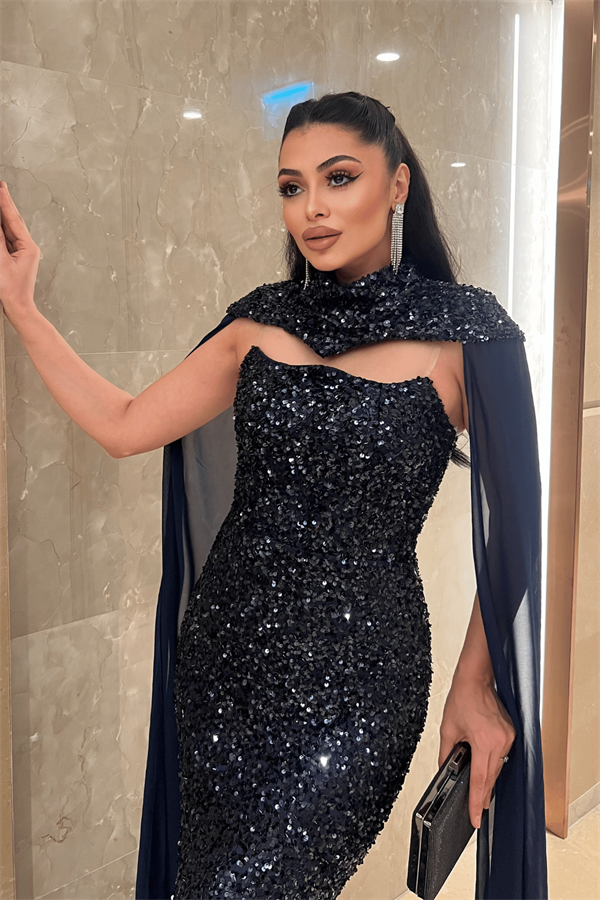 Payet Kumaş Pelerin Detaylı Abiye Elbise - LACİVERT