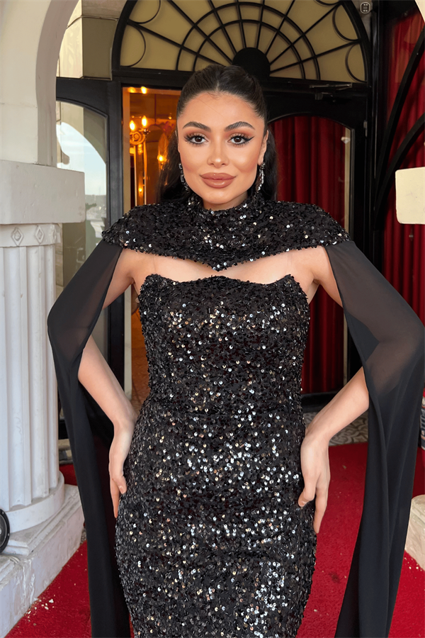 Payet Kumaş Pelerin Detaylı Abiye Elbise - SİYAH