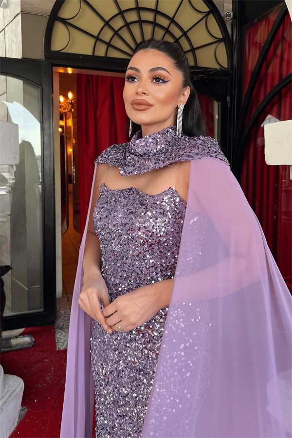 Payet Kumaş Pelerin Detaylı Abiye Elbise - LİLA