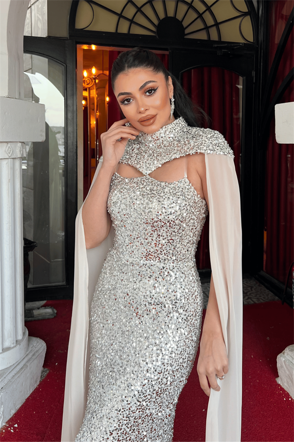 Payet Kumaş Pelerin Detaylı Abiye Elbise - BEJ