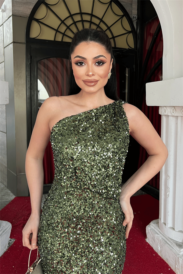 Payet Kumaş Tasarım Balık Elbise - HAKİ YEŞİLİ