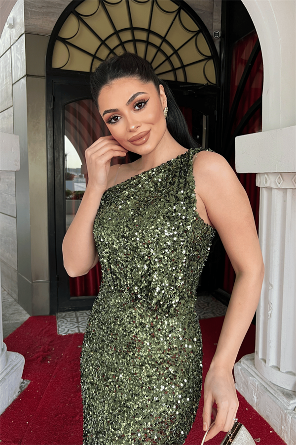 Payet Kumaş Tasarım Balık Elbise - HAKİ YEŞİLİ