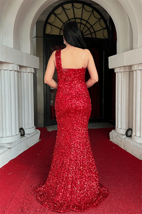 Payet Kumaş Tasarım Balık Elbise - KIRMIZI