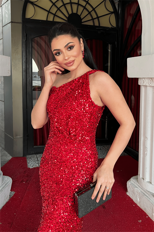 Payet Kumaş Tasarım Balık Elbise - KIRMIZI