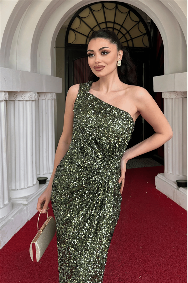 Payet Kumaş Tek Kol Kalem Elbise - HAKİ YEŞİLİ