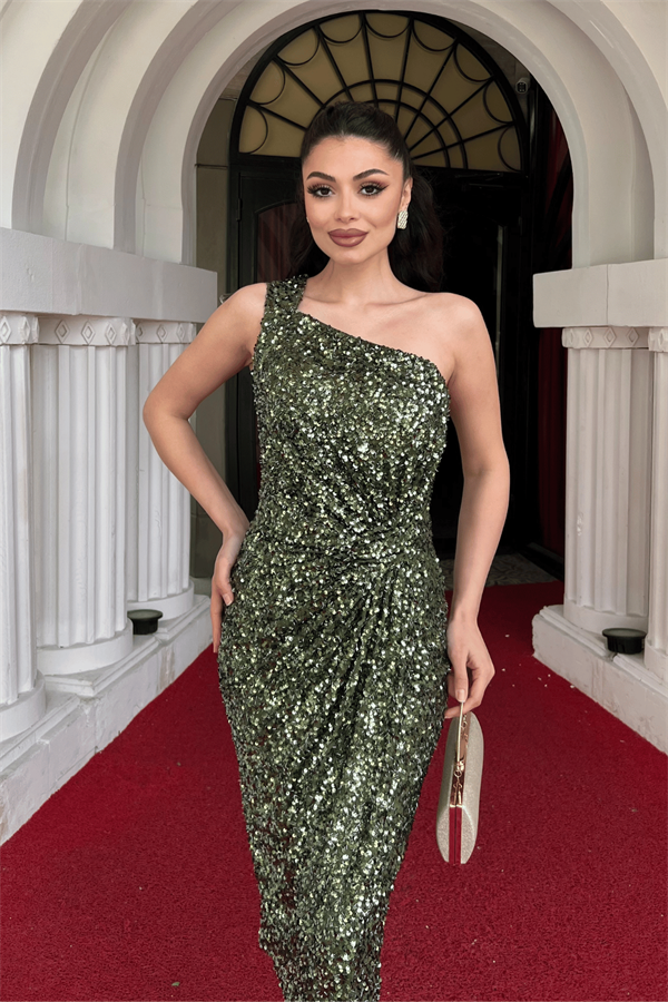 Payet Kumaş Tek Kol Kalem Elbise - HAKİ YEŞİLİ