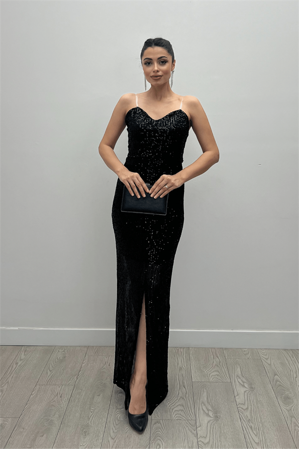 Payet Kumaş Yırtmaçlı Balık Elbise - SİYAH