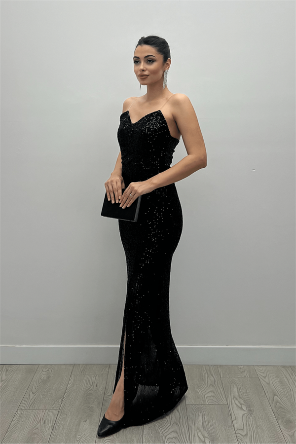 Payet Kumaş Yırtmaçlı Balık Elbise - SİYAH