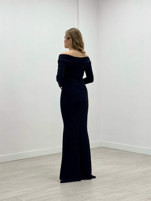 Pırıltı Kumaş Kayık Yaka Balık Elbise - SİYAH