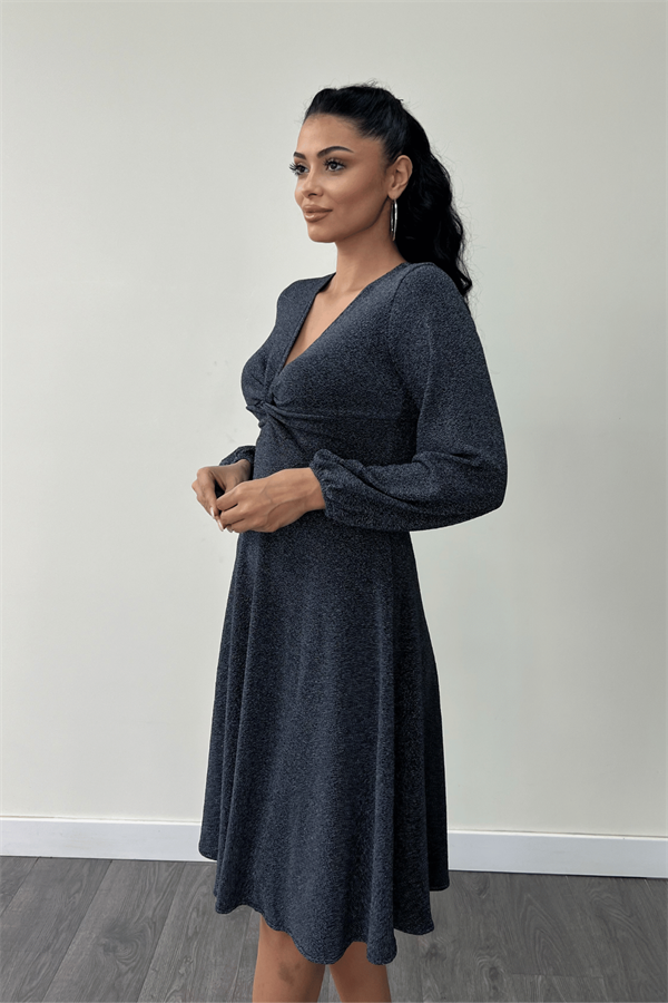 Pırıltılı Krep Kumaş Burgu Detaylı Midi Elbise - LACİVERT