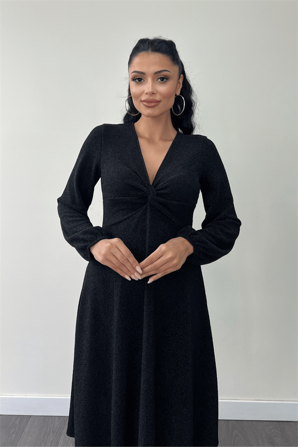 Pırıltılı Krep Kumaş Burgu Detaylı Midi Elbise - SİYAH