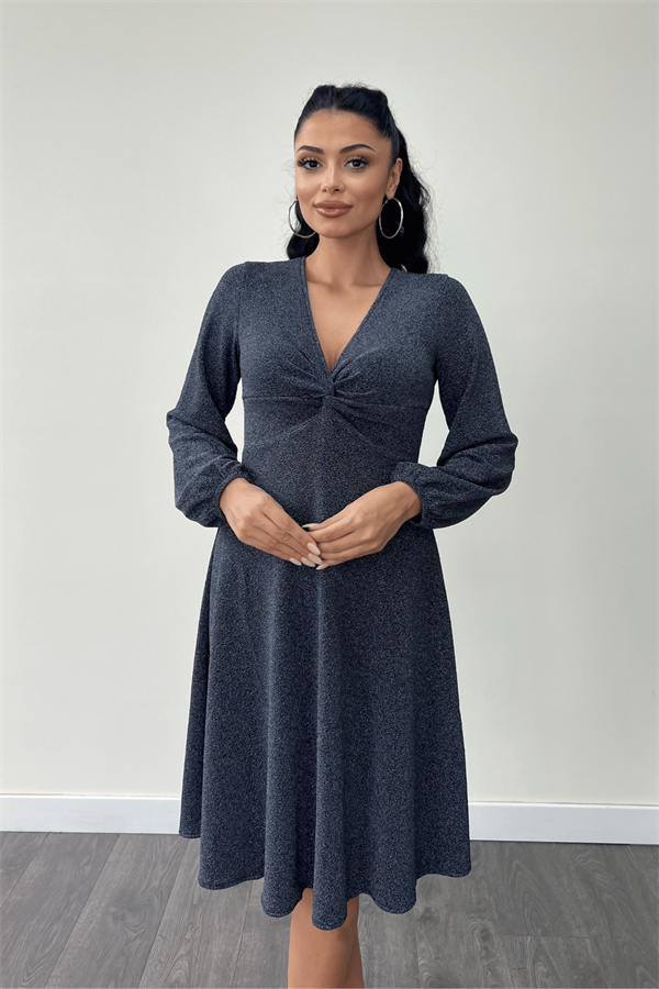 Pırıltılı Krep Kumaş Burgu Detaylı Midi Elbise - LACİVERT