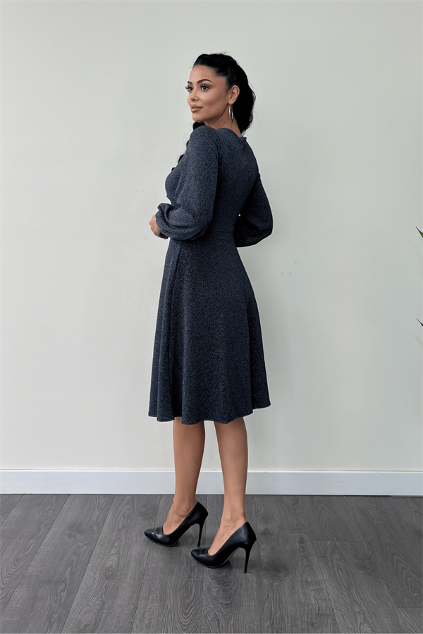 Pırıltılı Krep Kumaş Burgu Detaylı Midi Elbise - LACİVERT