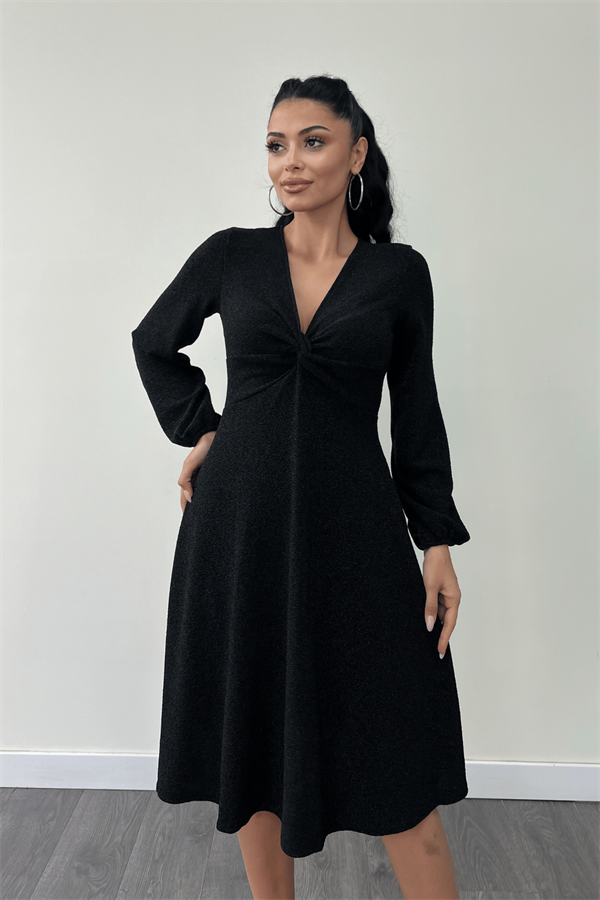 Pırıltılı Krep Kumaş Burgu Detaylı Midi Elbise - SİYAH