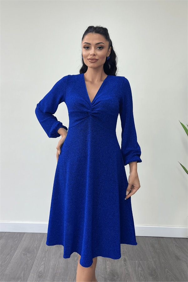 Pırıltılı Krep Kumaş Burgu Detaylı Midi Elbise - SAKS MAVİ