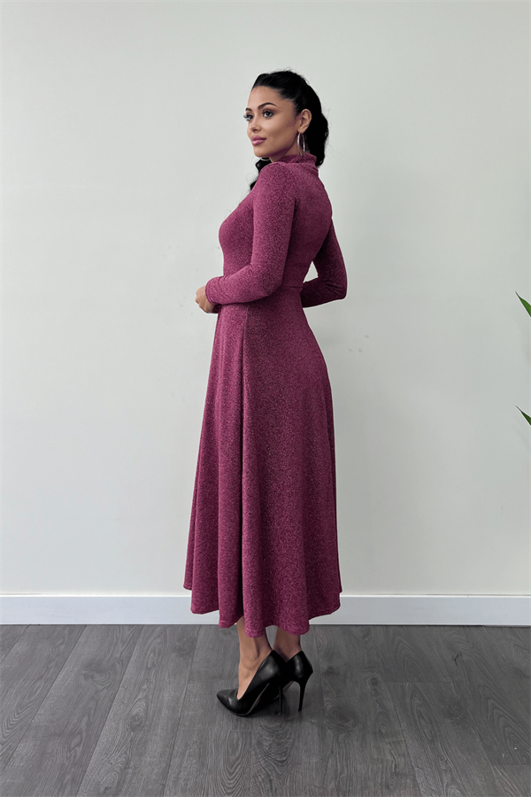 Pırıltılı Krep Kumaş Düğme Detaylı Midi Elbise - GÜL KURUSU