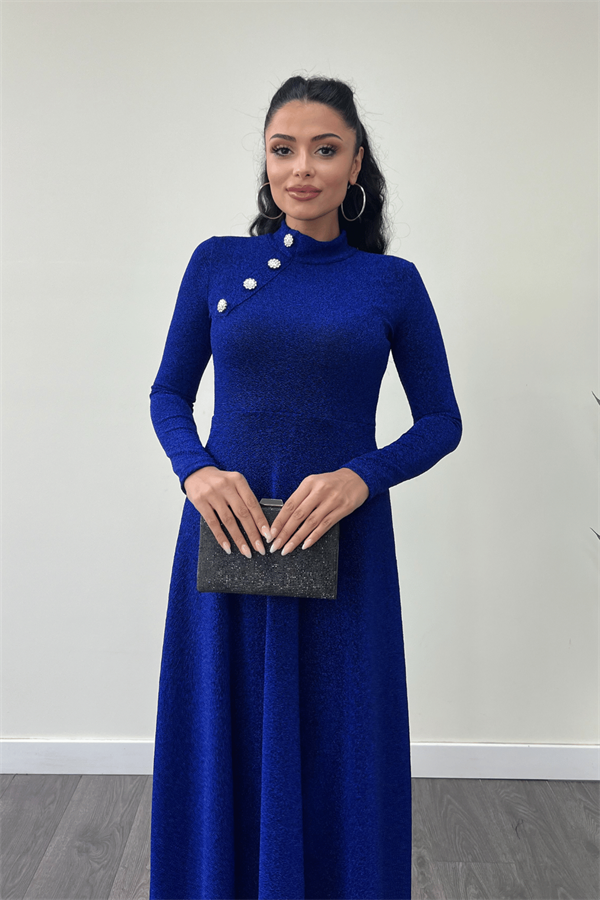 Pırıltılı Krep Kumaş Düğme Detaylı Midi Elbise - SAKS MAVİ