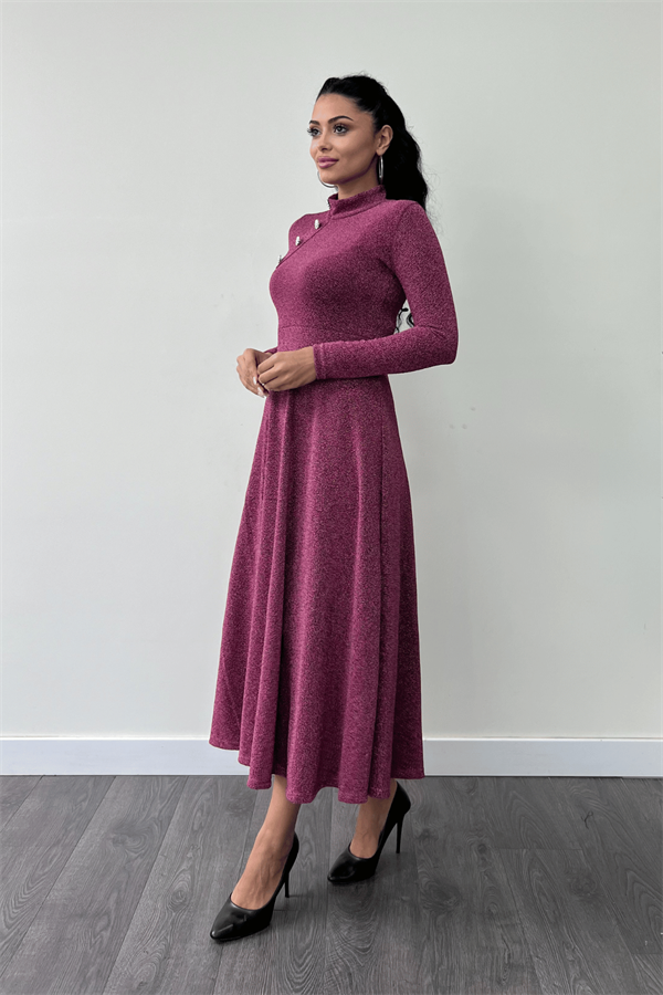 Pırıltılı Krep Kumaş Düğme Detaylı Midi Elbise - GÜL KURUSU