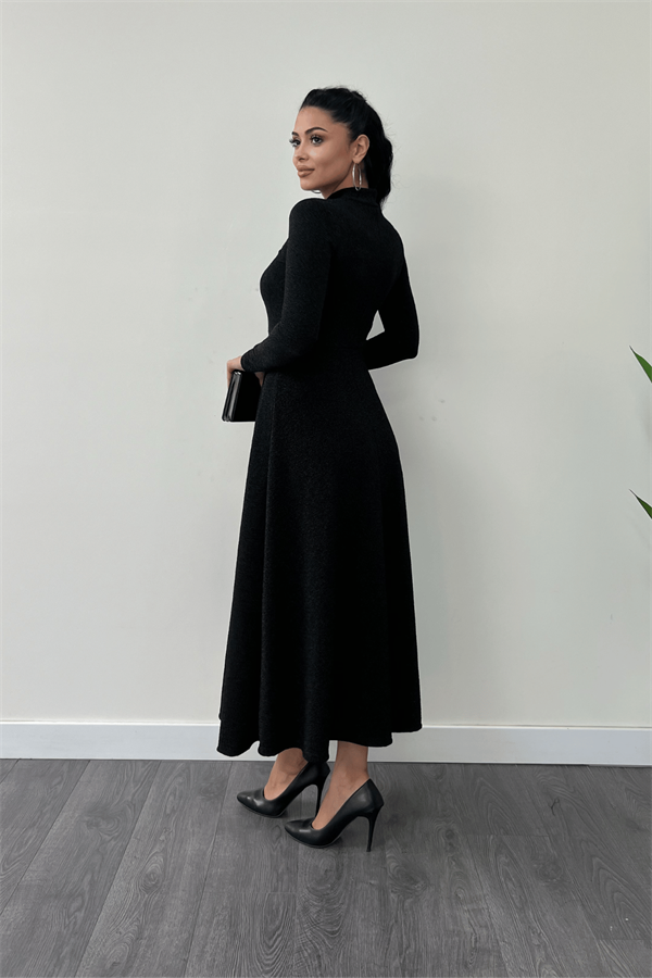 Pırıltılı Krep Kumaş Düğme Detaylı Midi Elbise - SİYAH