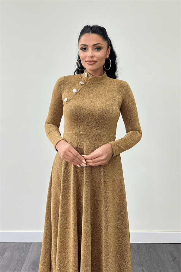 Pırıltılı Krep Kumaş Düğme Detaylı Midi Elbise - GOLD