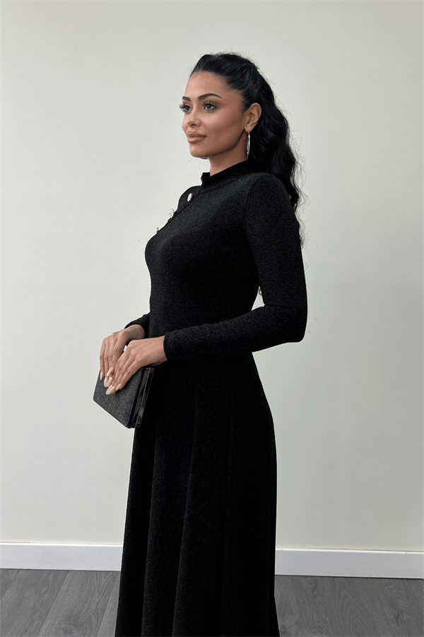 Pırıltılı Krep Kumaş Düğme Detaylı Midi Elbise - SİYAH