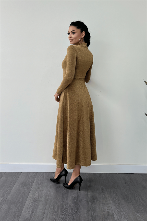 Pırıltılı Krep Kumaş Düğme Detaylı Midi Elbise - GOLD