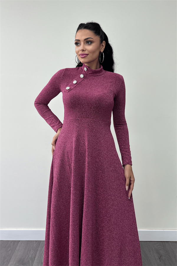 Pırıltılı Krep Kumaş Düğme Detaylı Midi Elbise - GÜL KURUSU
