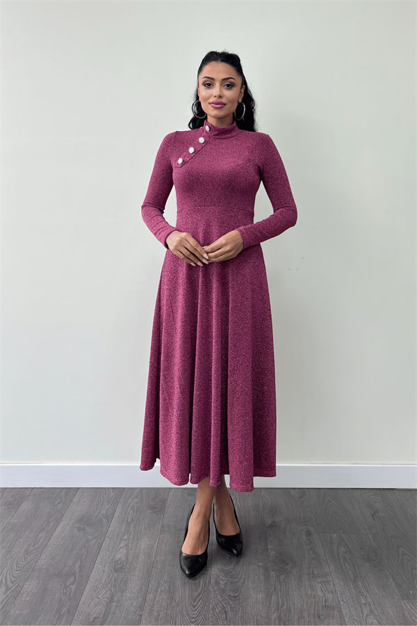 Pırıltılı Krep Kumaş Düğme Detaylı Midi Elbise - GÜL KURUSU
