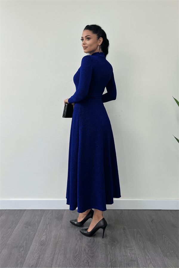 Pırıltılı Krep Kumaş Düğme Detaylı Midi Elbise - SAKS MAVİ