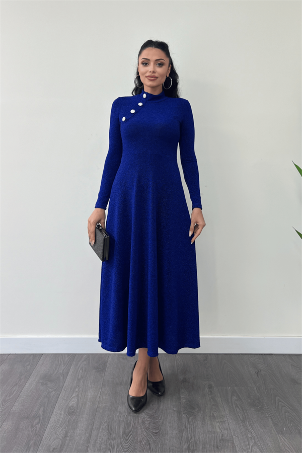 Pırıltılı Krep Kumaş Düğme Detaylı Midi Elbise - SAKS MAVİ