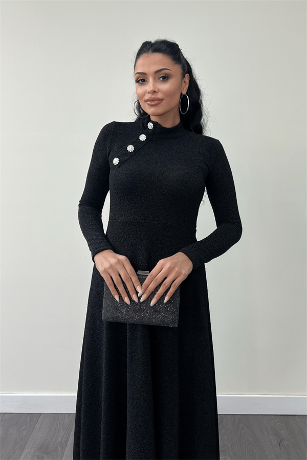Pırıltılı Krep Kumaş Düğme Detaylı Midi Elbise - SİYAH
