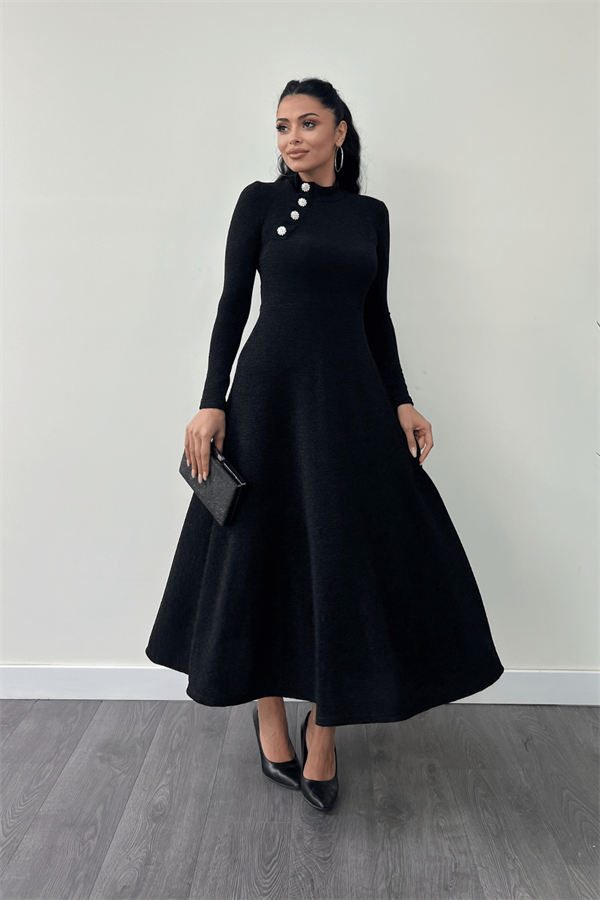 Pırıltılı Krep Kumaş Düğme Detaylı Midi Elbise - SİYAH