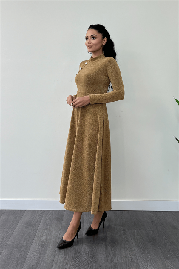 Pırıltılı Krep Kumaş Düğme Detaylı Midi Elbise - GOLD