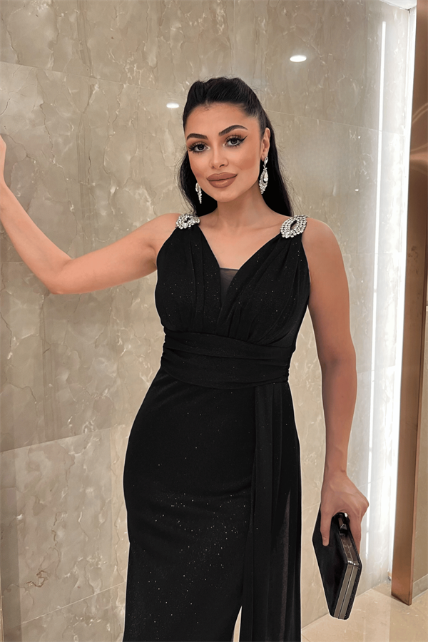 Pırıltılı Kumaş Taş Detaylı Abiye Elbise - SİYAH