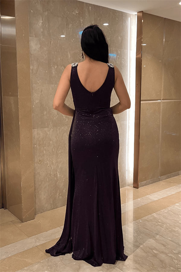 Pırıltılı Kumaş Taş Detaylı Abiye Elbise - PATLICAN MOR