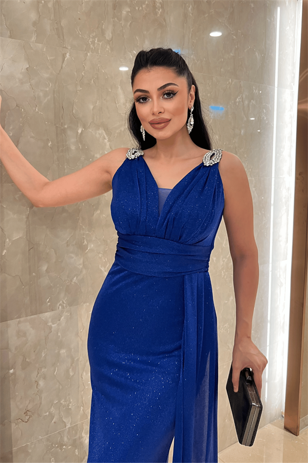 Pırıltılı Kumaş Taş Detaylı Abiye Elbise - SAKS MAVİ