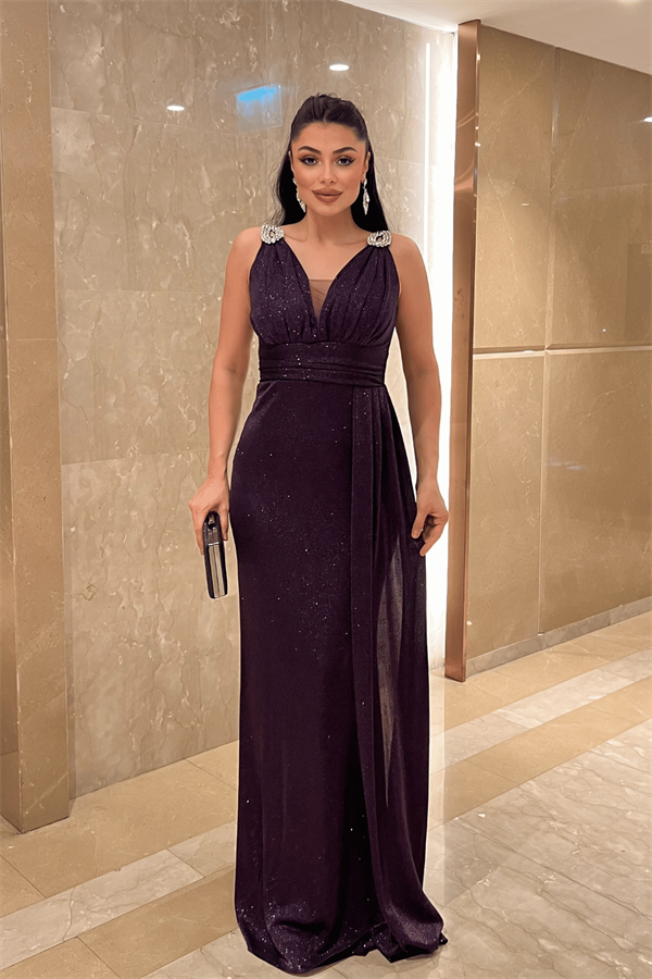 Pırıltılı Kumaş Taş Detaylı Abiye Elbise - PATLICAN MOR