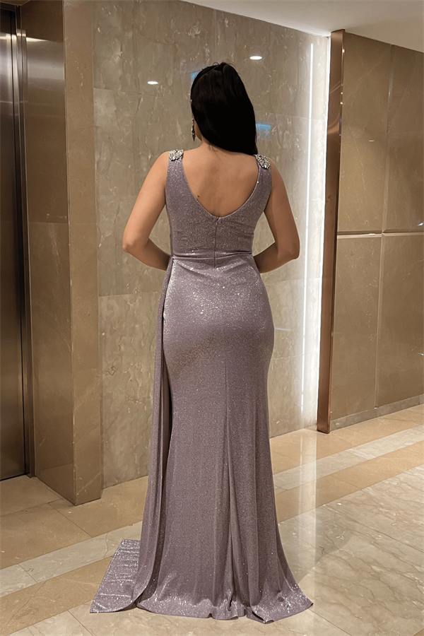 Pırıltılı Kumaş Taş Detaylı Abiye Elbise - LİLA