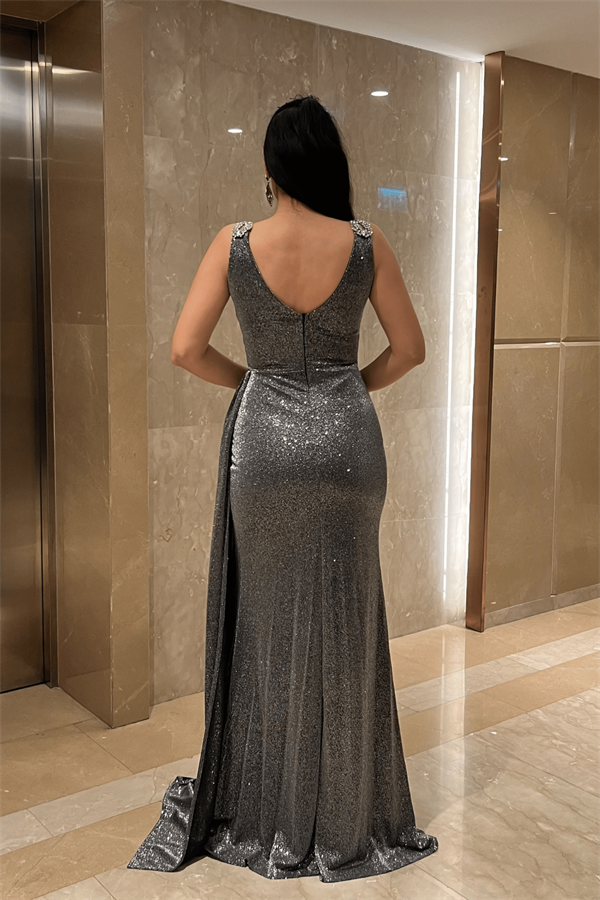 Pırıltılı Kumaş Taş Detaylı Abiye Elbise - GÜMÜŞ